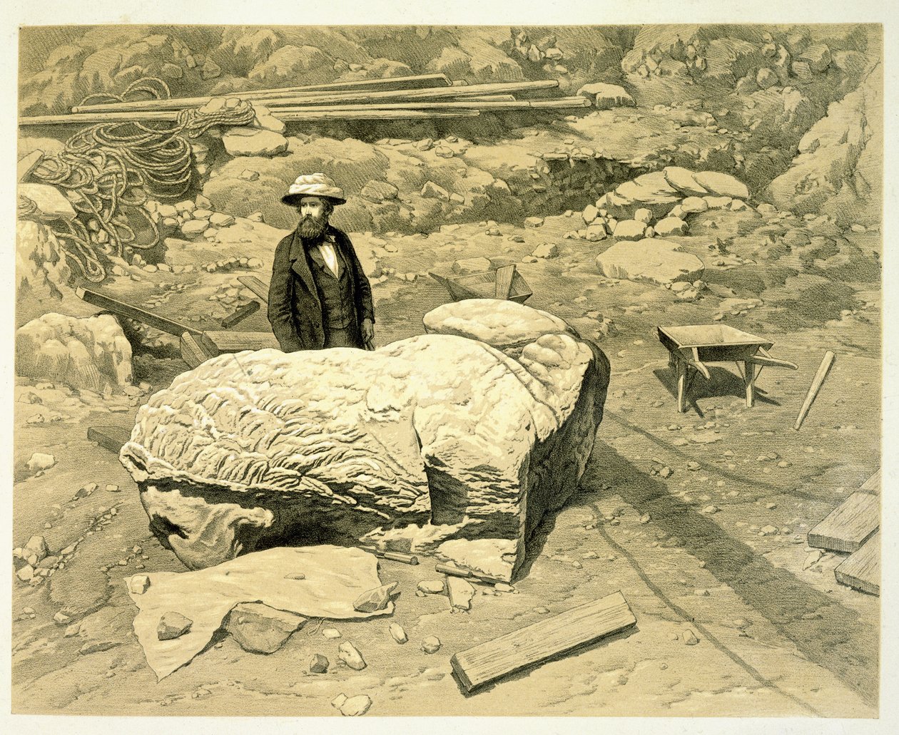 Vista di un leone colossale su un lato, con Newton dietro, da A History of Discoveries at Helicarnassus, Cnidus, & Branchidae, di Charles Thomas Newton, pub. 1862 da English School