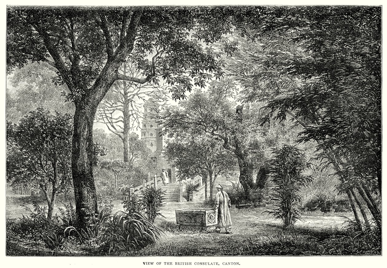 Veduta del consolato britannico, Canton (incisione) da English School