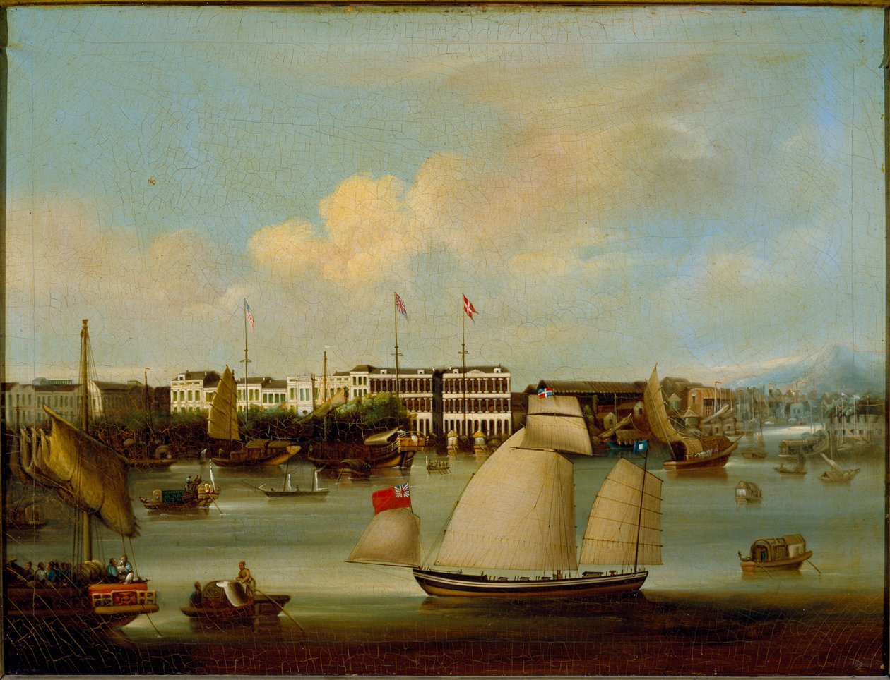 Veduta delle fabbriche straniere, Canton, prima del 1850 (olio su tela) da English School