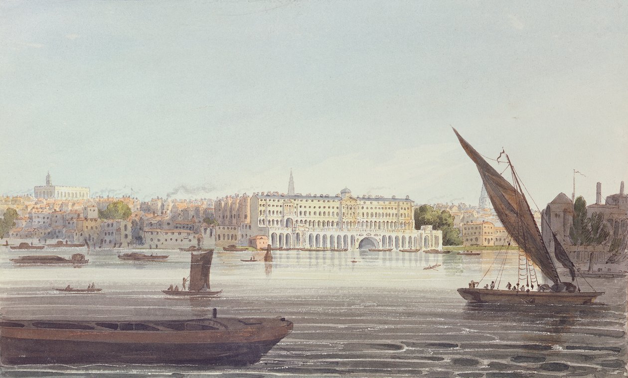 Veduta del fronte del fiume della nuova Somerset House, da Bankside, 1796 da English School