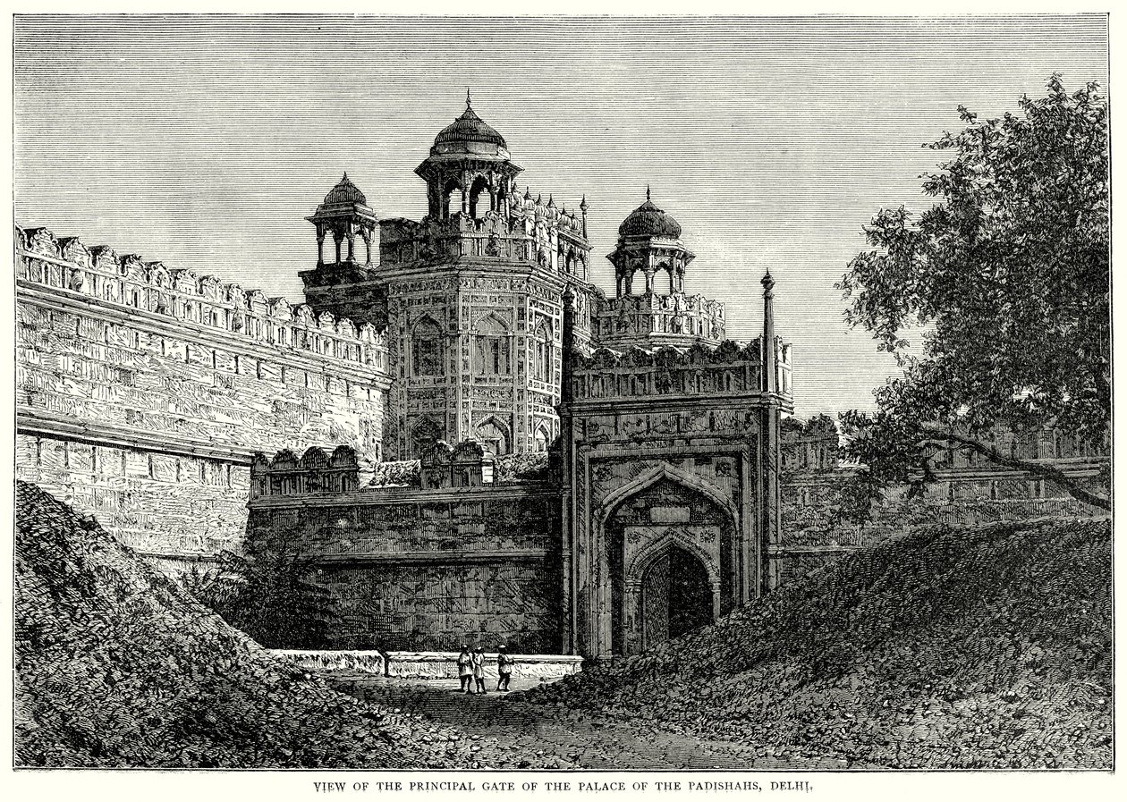 Veduta della porta principale del palazzo dei Padisha, Delhi (incisione) da English School