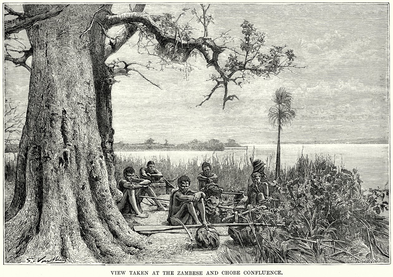 Vista dalla confluenza dello Zambese e del Chobe (incisione) da English School