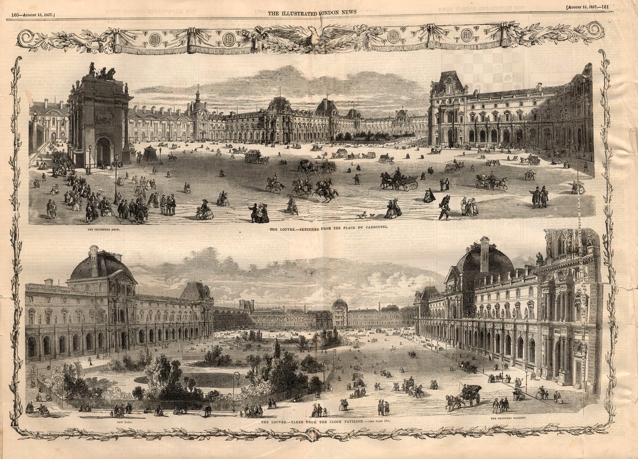 Vedute della Cour Carrée del Louvre a Parigi. Incisione in "The Illustrated London News" del 15 agosto 1857. da English School