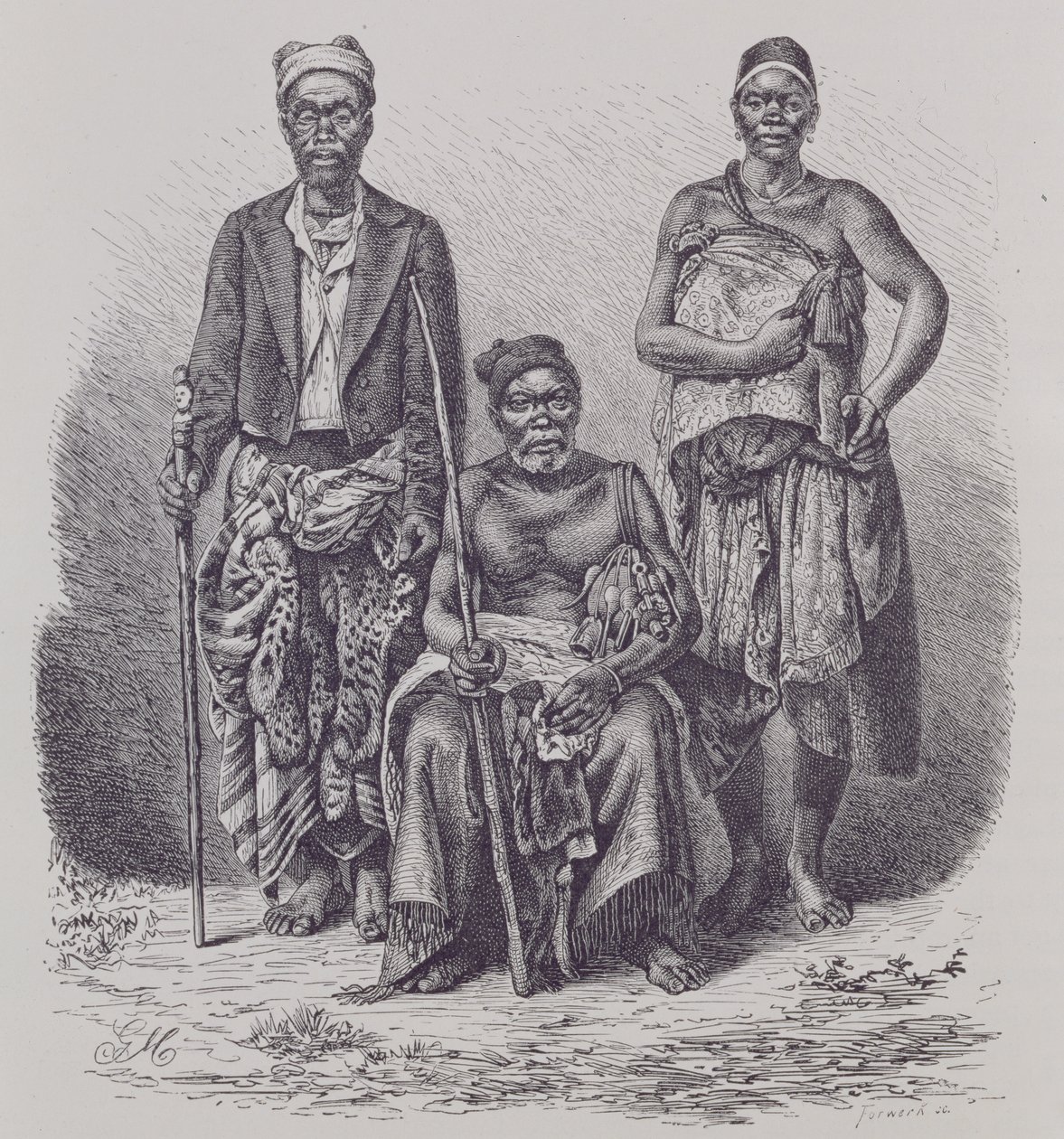 Capo villaggio della Costa di Loango, con moglie e dignitario, inciso da una fotografia del Dr. Falkenstein, da 