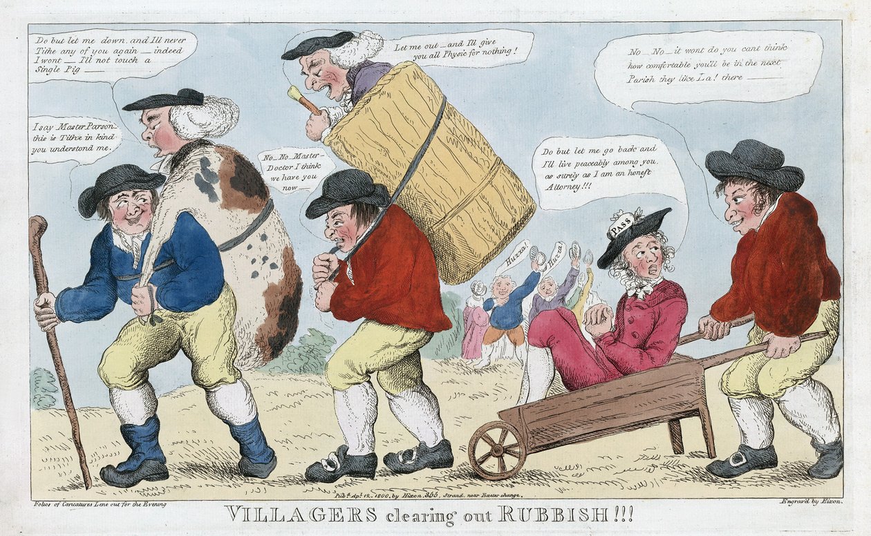 Villagers Clearing out Rubbish!!!, pub. 1800 (incisione colorata a mano) da English School