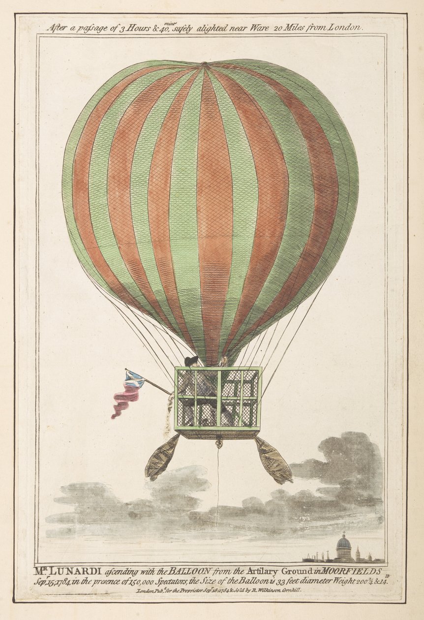 Vincent Lunardi in volo dopo la sua ascesa da Moorfields, settembre 1784 da English School
