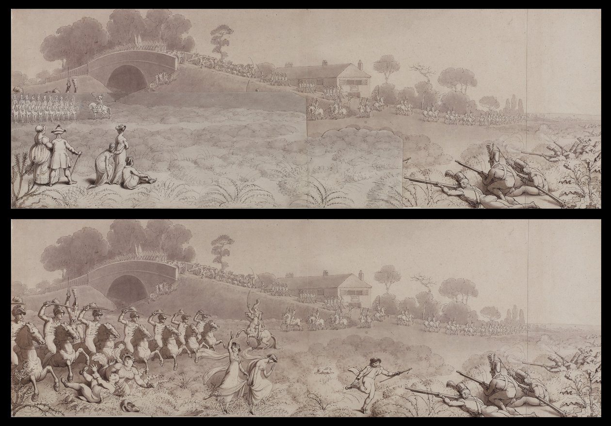 Revisione volontaria a Wormwood Scrubs mostrando la Taverna Mitre e il Ponte Mitre, Hammersmith, c.1800 (acquerello su carta) da English School