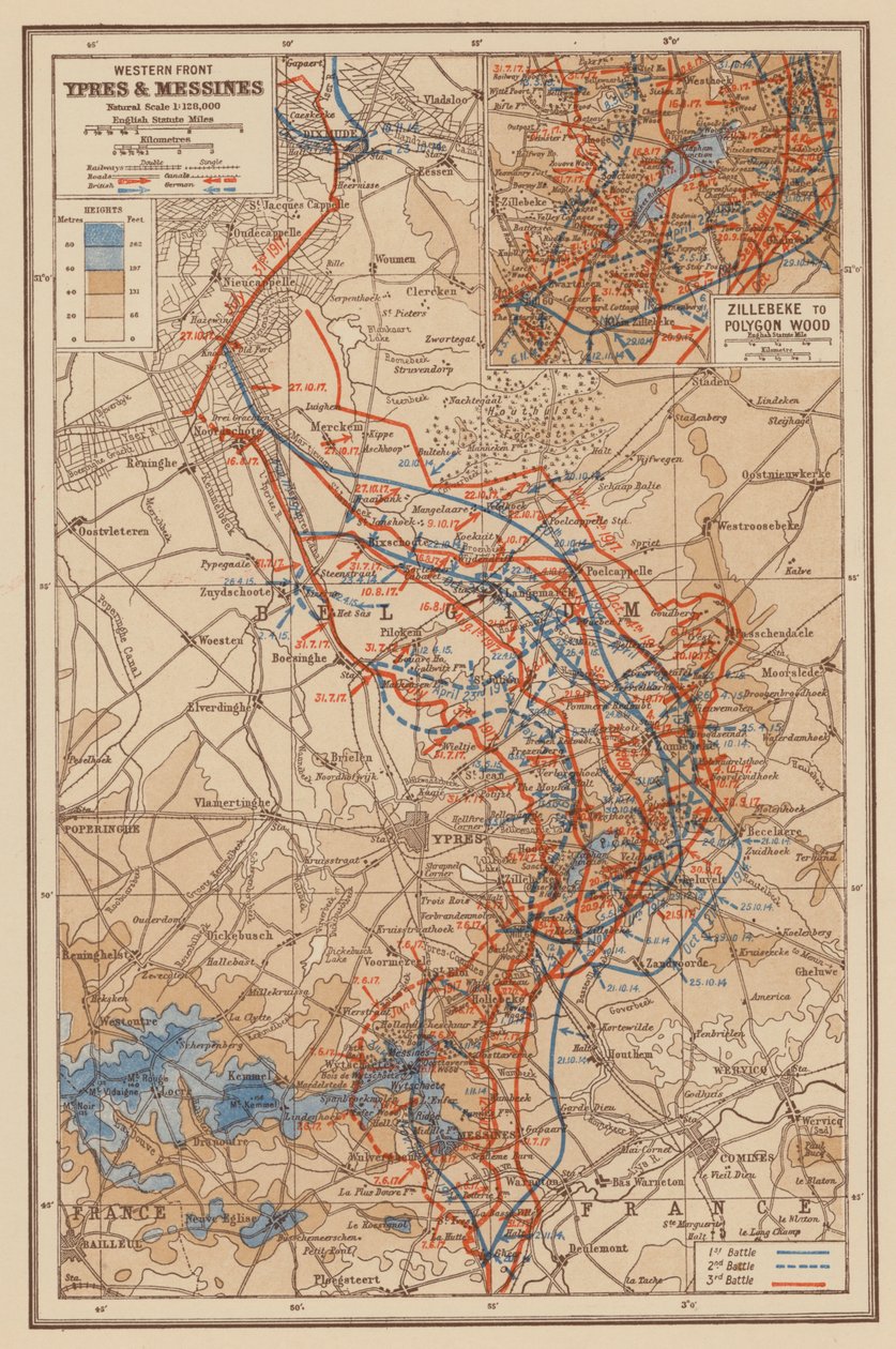 Prima guerra mondiale: fronte occidentale, Ypres e Messines (litografia a colori) da English School