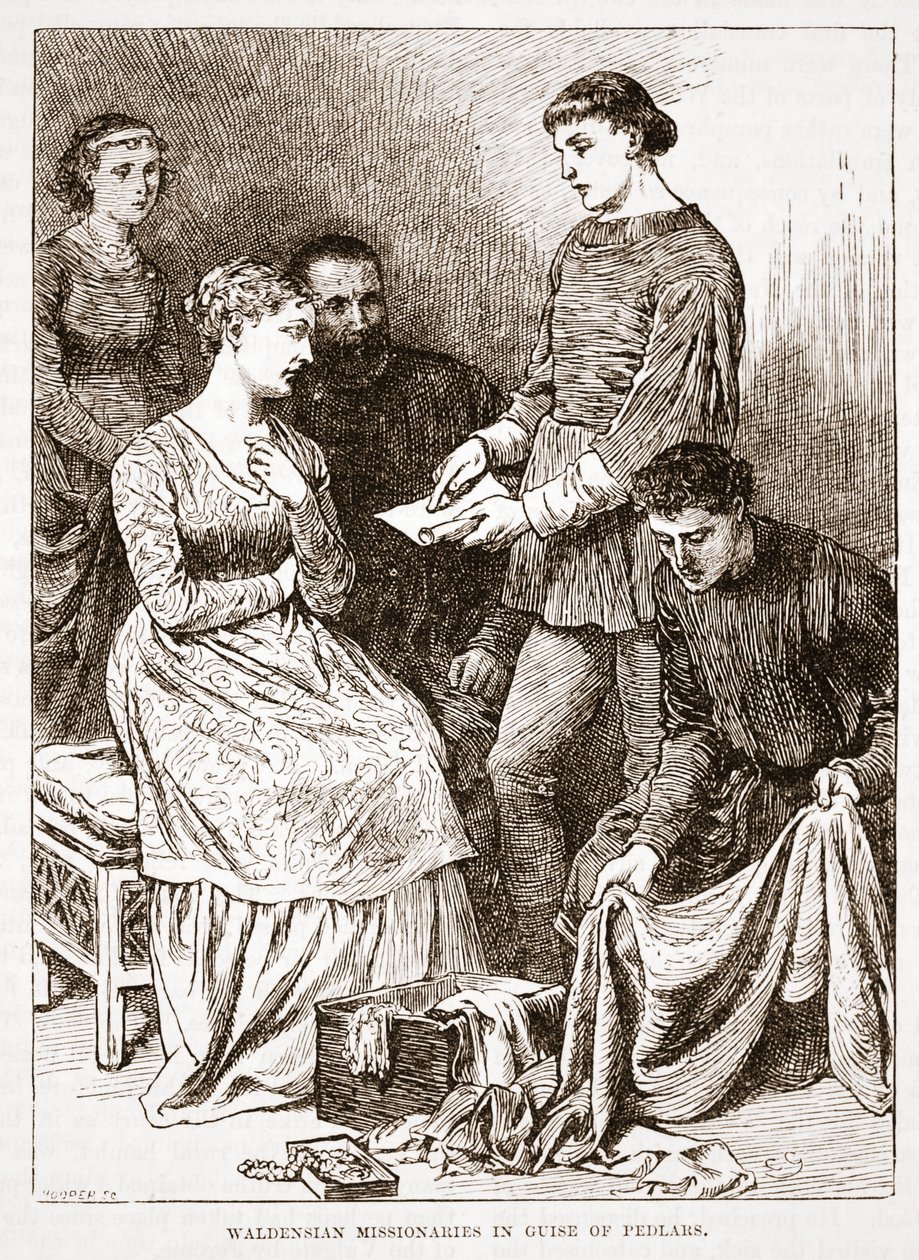 Missionari valdesi in veste di venditori ambulanti, illustrazione da La storia del protestantesimo di James Aitken Wylie (1808-1890), pub. 1878 da English School
