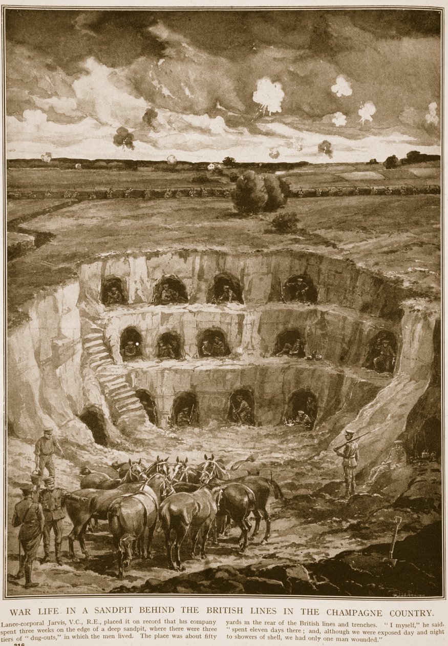 Vita di guerra in una cava di sabbia dietro le linee britanniche nella regione della Champagne, 1914-19 da English School