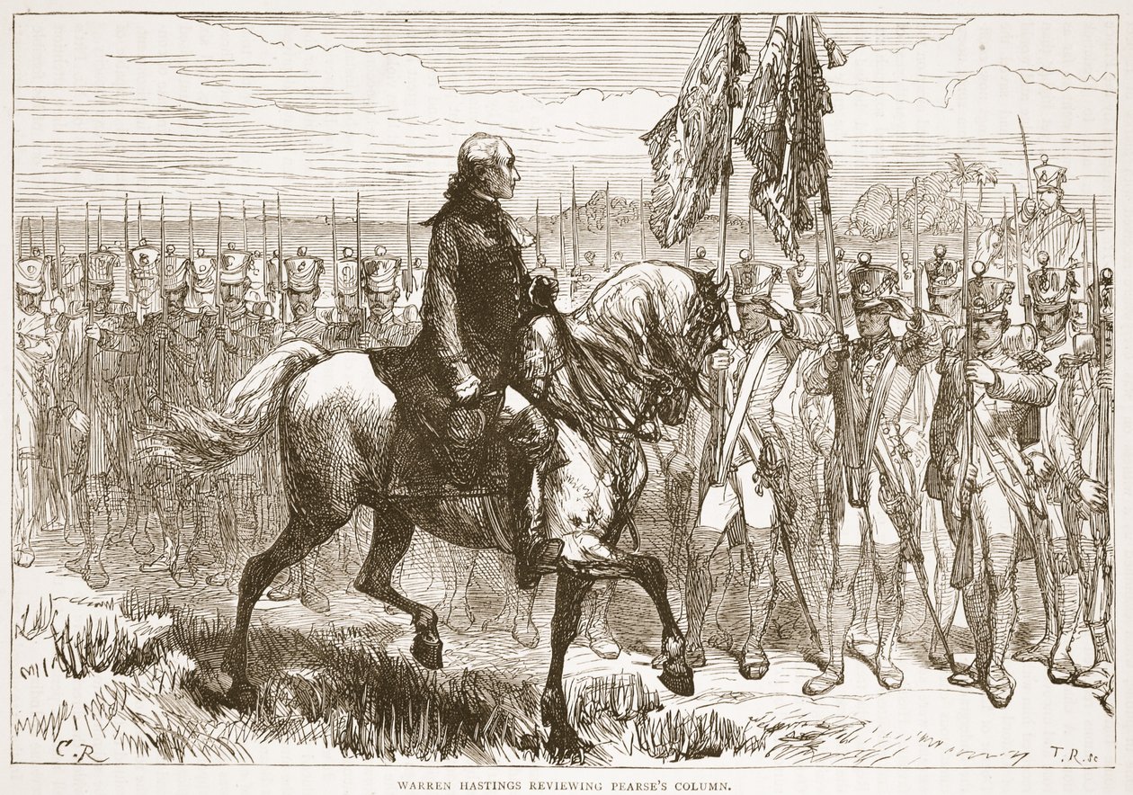 Warren Hastings che rivede la colonna di Pearse, illustrazione da Cassells Illustrated History of India di James Grant, pub. 1879 da English School