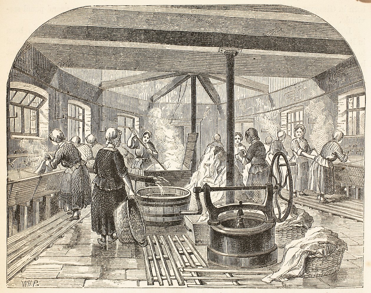 Lavanderia alla prigione di Brixton, illustrazione da The Criminal Prisons of London and Scenes from Prison Life di Henry Mayhew e John Binny, pub. 1862 da English School