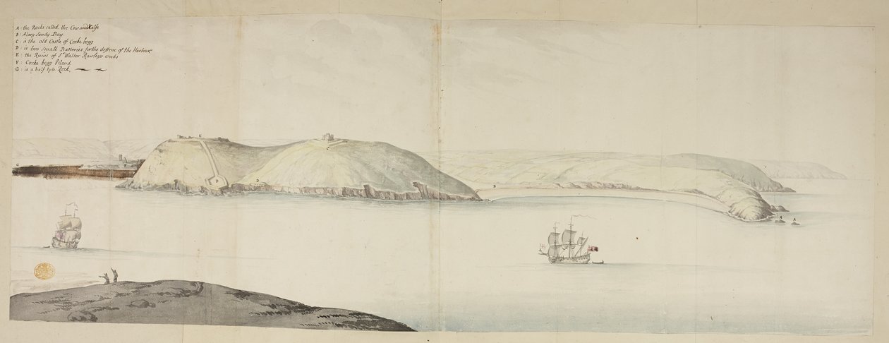 Ingresso ovest del porto di Cork, dal Kidds, o Cow and Calf, a Cross Beg Island; Ingresso ovest del porto di Cork, mostrando Halbowlin Island, Spike Island e Cross Haven, c.1684 da English School
