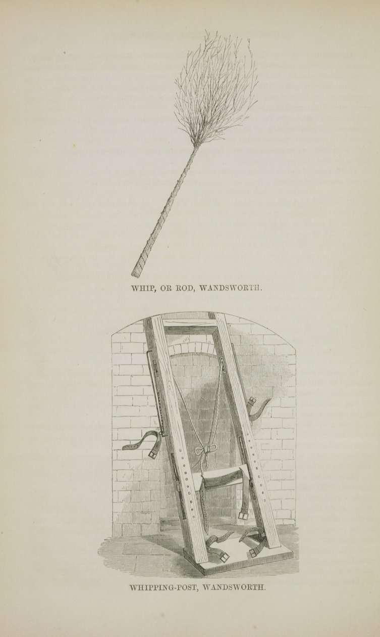 Frusta o bastone e palo di fustigazione a Wandsworth, da The Criminal Prisons of London and Scenes of Prison Life di Henry Mayhew e John Binny, 1862 da English School