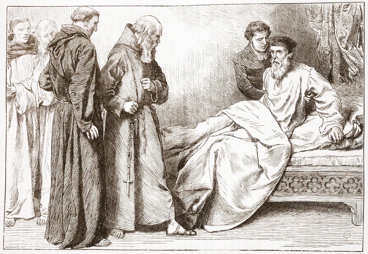 Wicliffe e i monaci: scena nella camera da letto, illustrazione da La storia del protestantesimo di James Aitken Wylie (1808-1890), pub. 1878 da English School