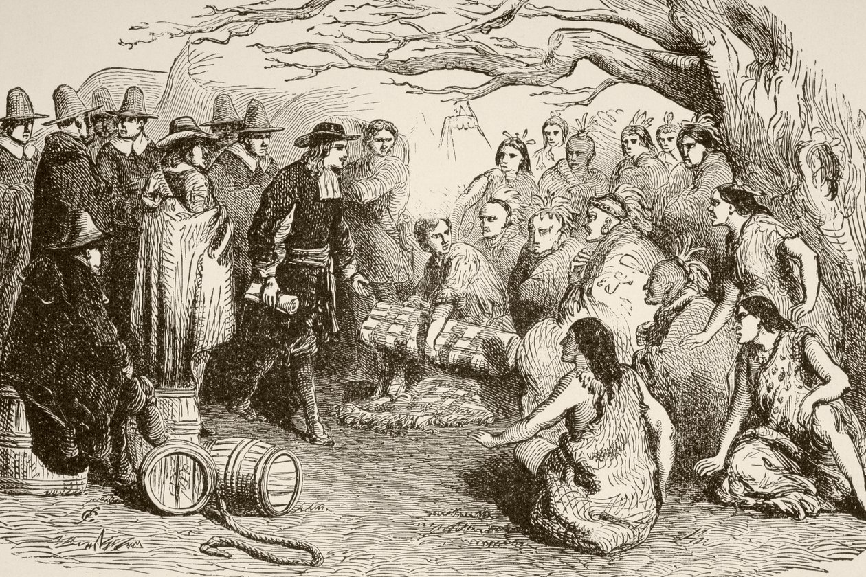 William Penn fa un trattato con gli indiani Delaware o Lenape nel 1682 da English School