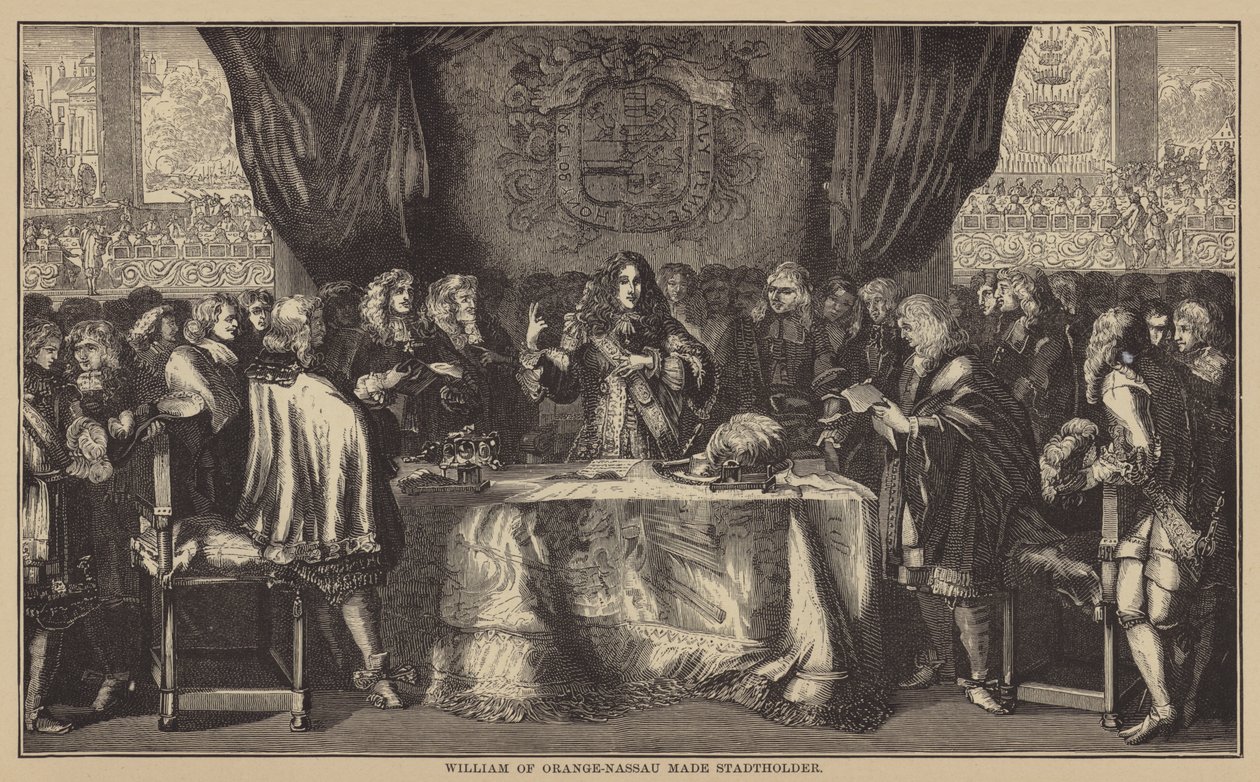 Guglielmo di Orange-Nassau nominato Stadtholder (incisione) da English School