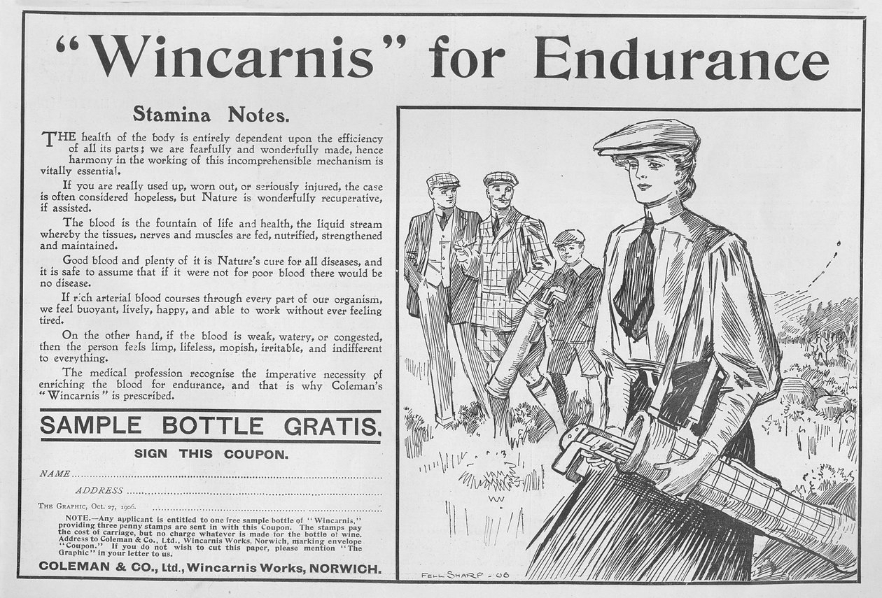 Wincarnis per la resistenza, pubblicità da The Graphic, 27 ottobre 1906 da English School