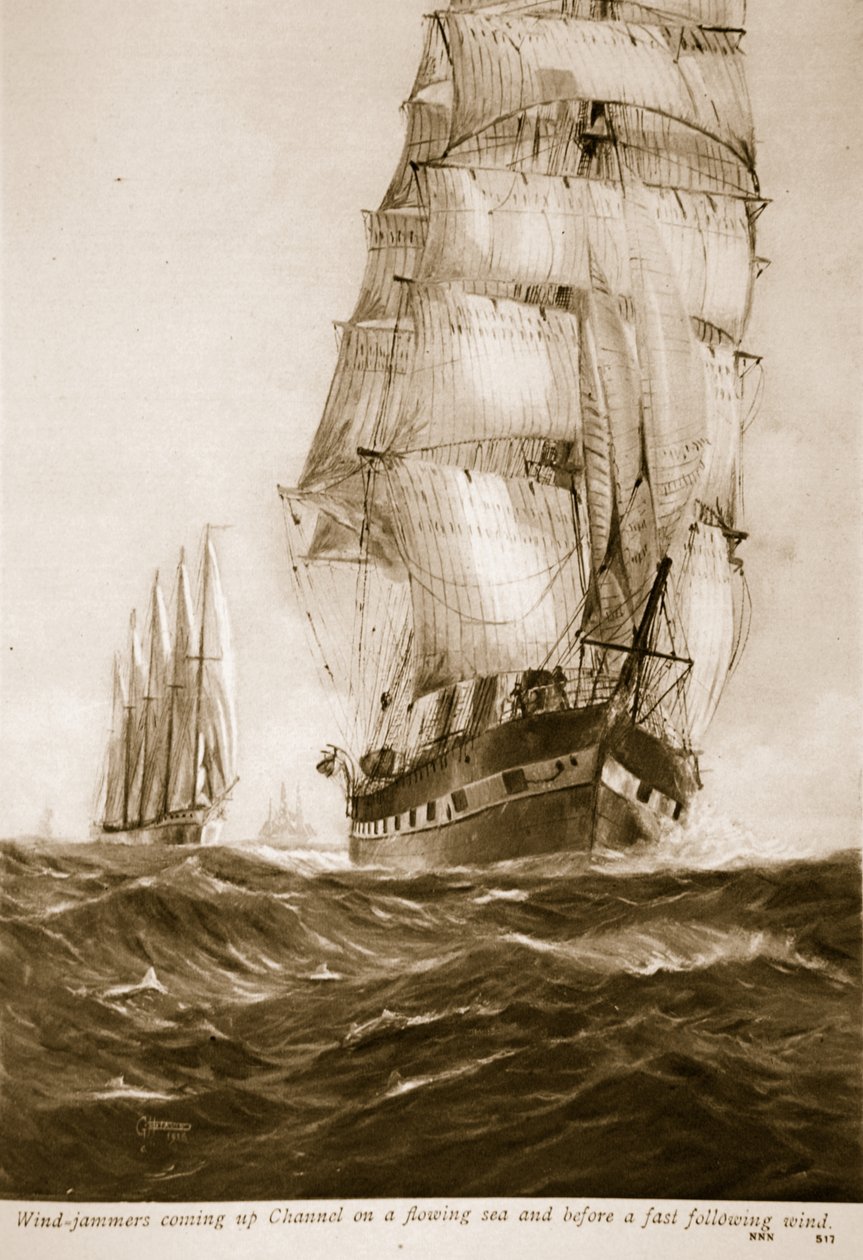 Velieri che risalgono il Canale su un mare mosso e con vento favorevole, 1914-19 da English School