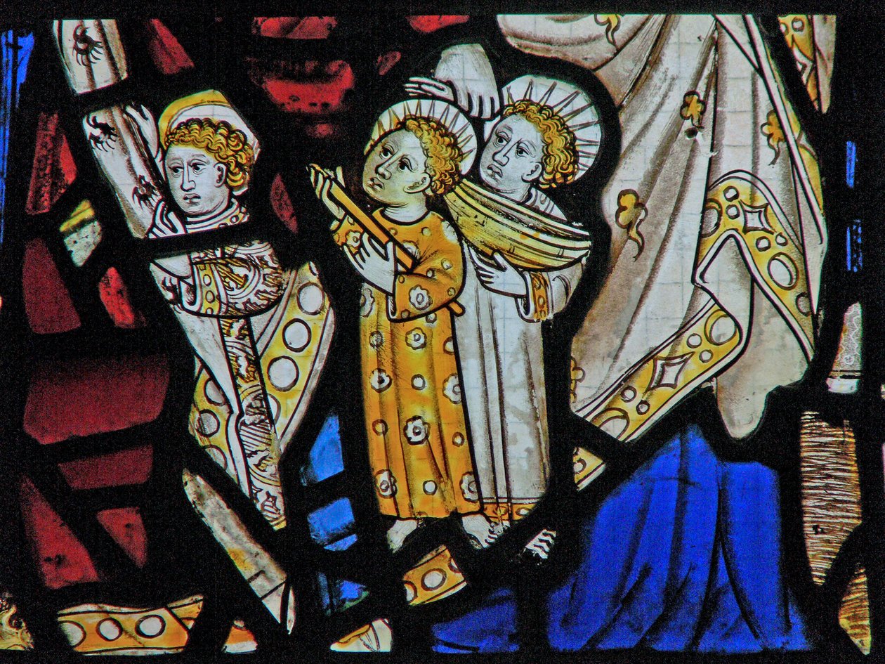 Finestra Ew che raffigura Santa Maria Cleofa, Alfeo e i loro figli da English School