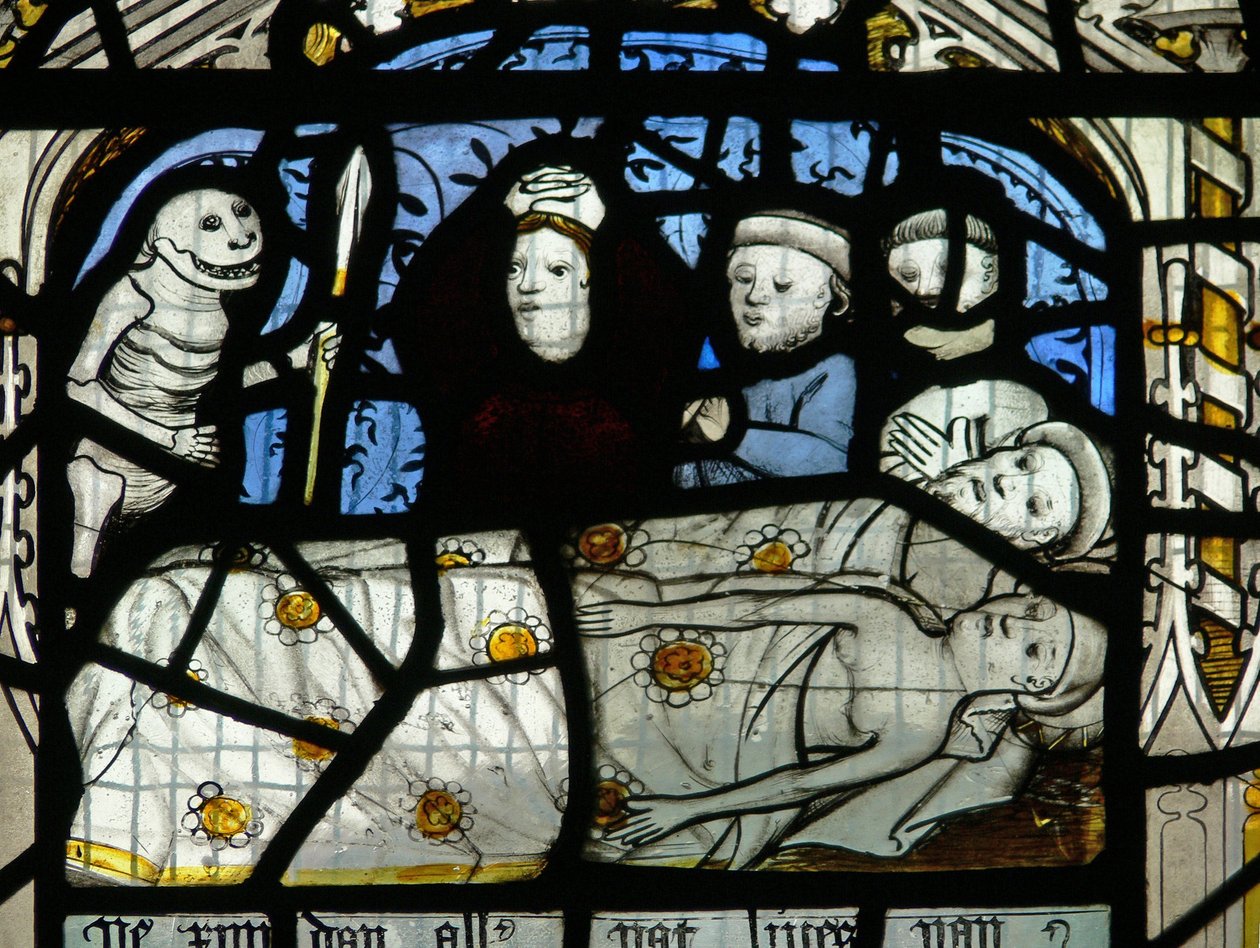 Finestra N3 raffigurante gli Ultimi Quindici Giorni del Mondo (la finestra del Pryke of Conscience): La morte visita tutti da English School
