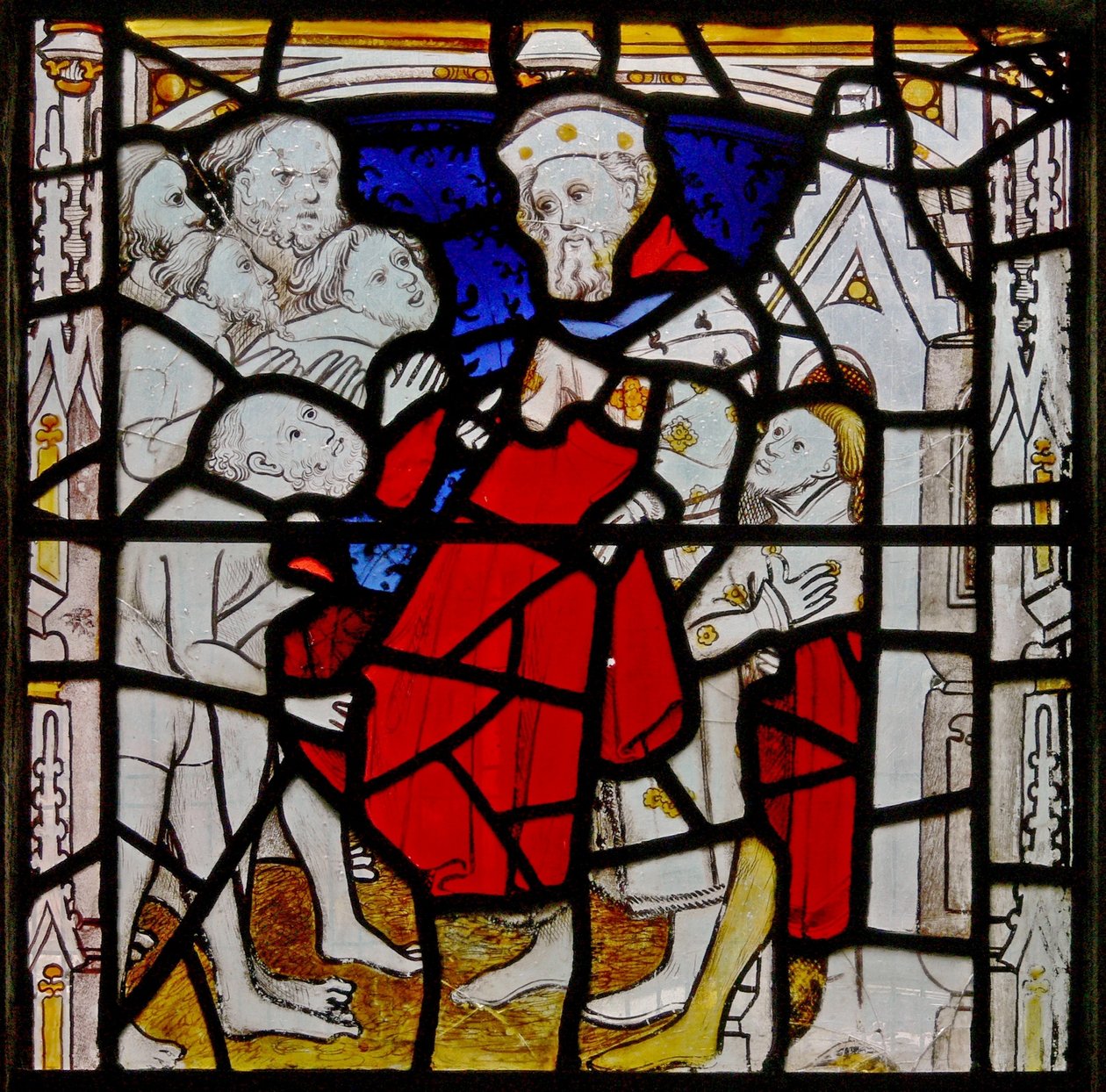 Finestra N4 che raffigura le opere di misericordia: vestire gli ignudi da English School