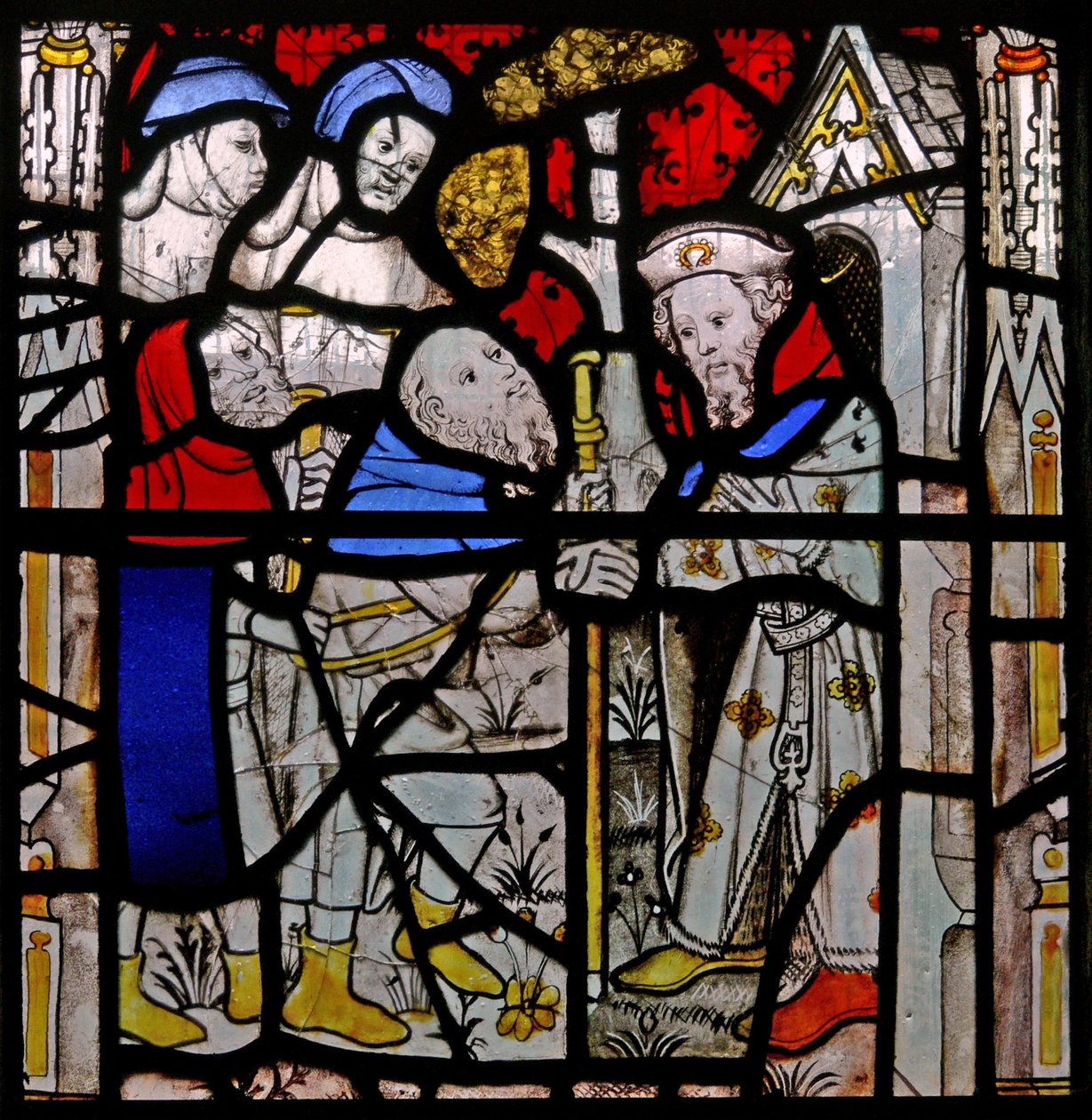 Finestra N4 che raffigura le opere di misericordia: dare rifugio ai senzatetto da English School