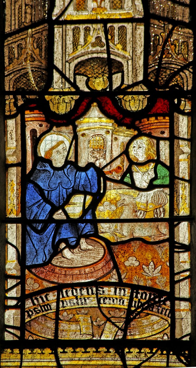 Vetrata n.5 raffigurante San Neot studia il salterio - piedi nell