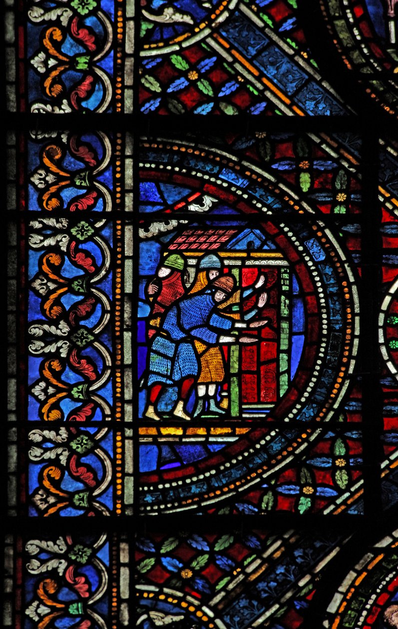 Scena dalla vita di San Tommaso Becket: cavalieri alla porta di Canterbury da English School