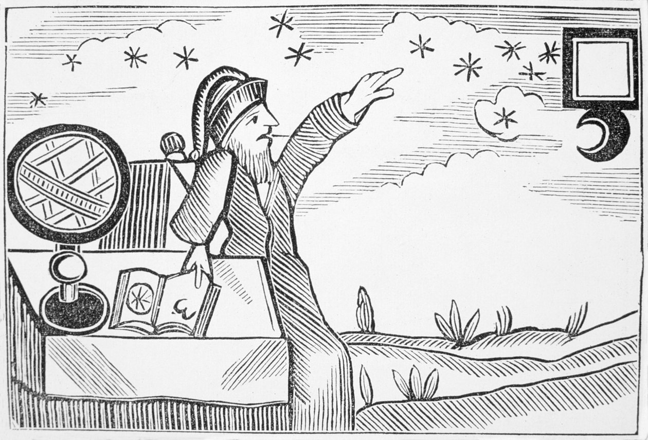 Mago che consulta la luna e le stelle, illustrazione da una raccolta di chapbook sull