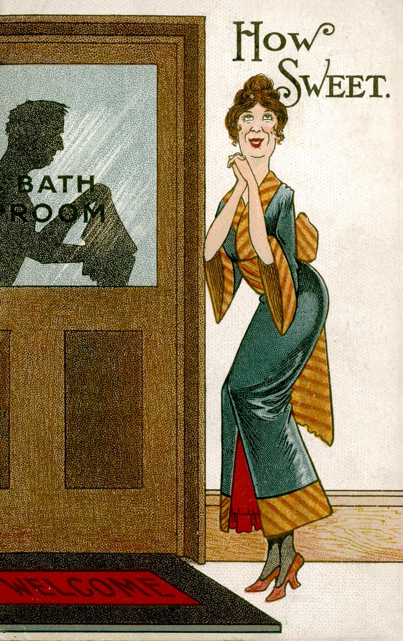 Donna che guarda un uomo in bagno (litografia a colori) da English School