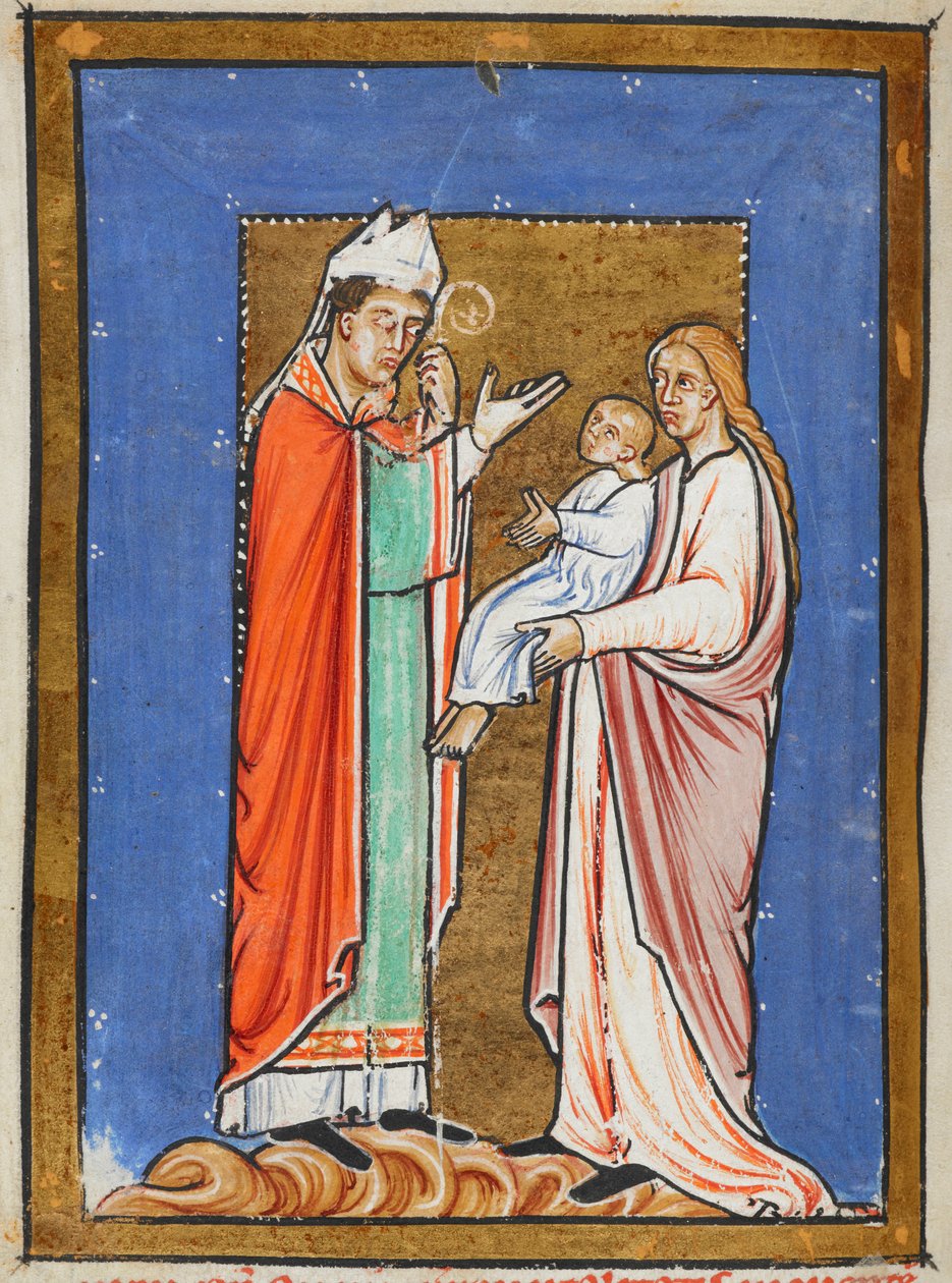St. Cuthbert guarisce un bambino dalla peste, illustrazione dalla 