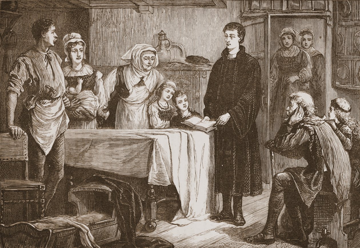 Giovane Calvino che spiega la Bibbia a una famiglia a Bourges, illustrazione da The History of Protestantism di James Aitken Wylie, pub. 1878 da English School