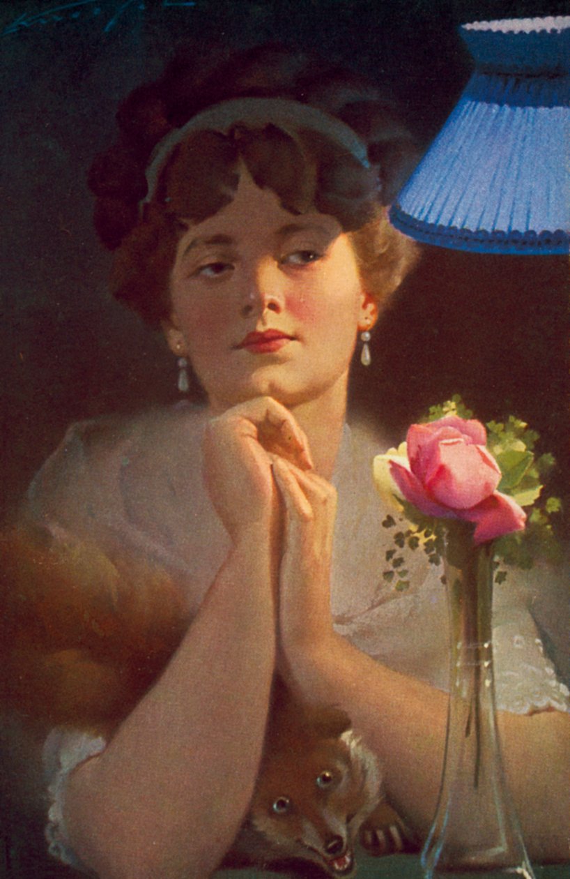 Giovane donna e una volpe alla luce della lampada (litografia a colori) da English School