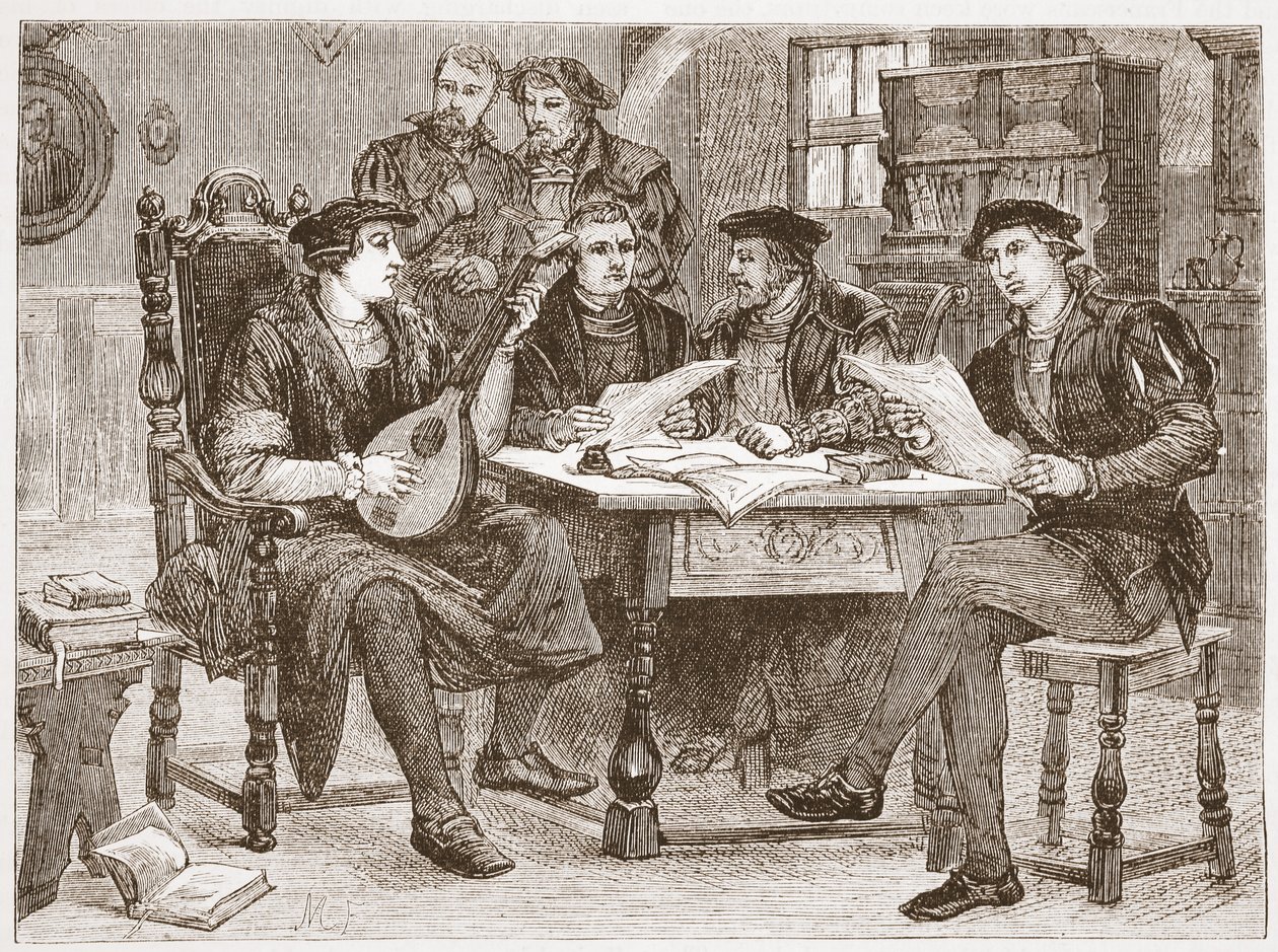 Zwingle tra i suoi amici, illustrazione da La storia del protestantesimo di James Aitken Wylie (1808-1890), pub. 1878 da English School
