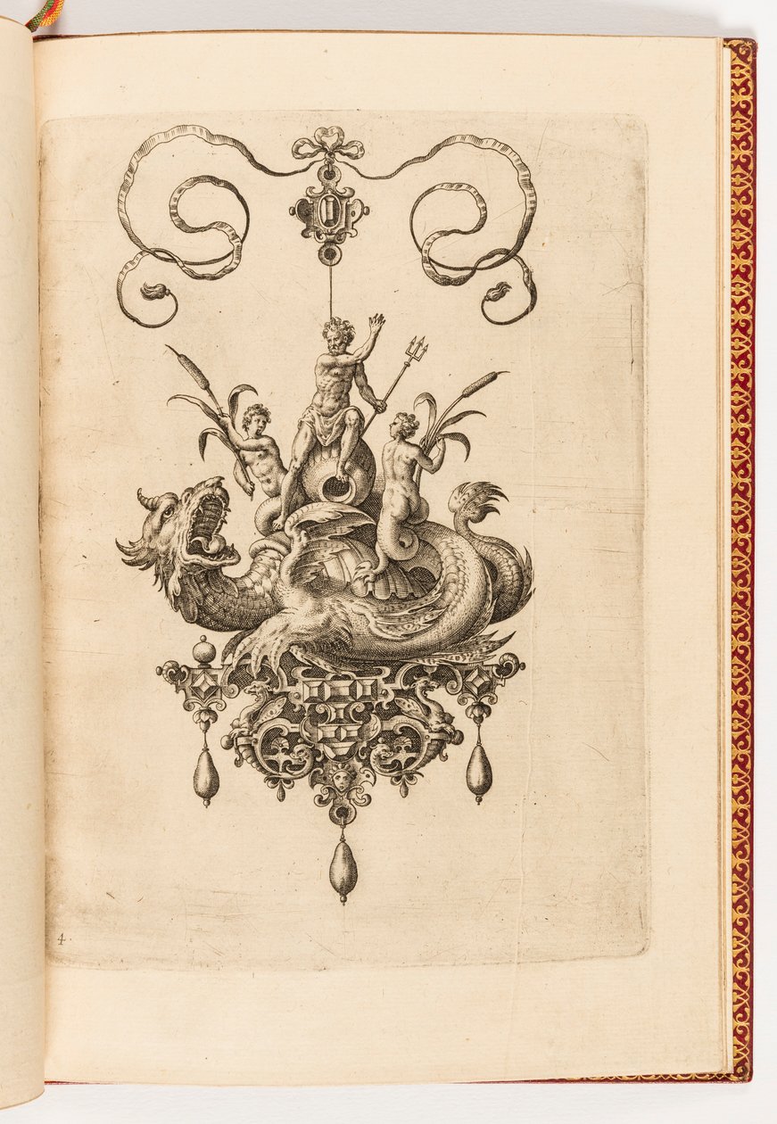 Stampa, Piastra 4, da Bullarum Inaurium etc. Archetypi Artificiosi Pars Altera (Pendenti, Orecchini, ecc. Disegni della Natura Più Abile, Parte Due) da Engraved by Adriaen Collaert