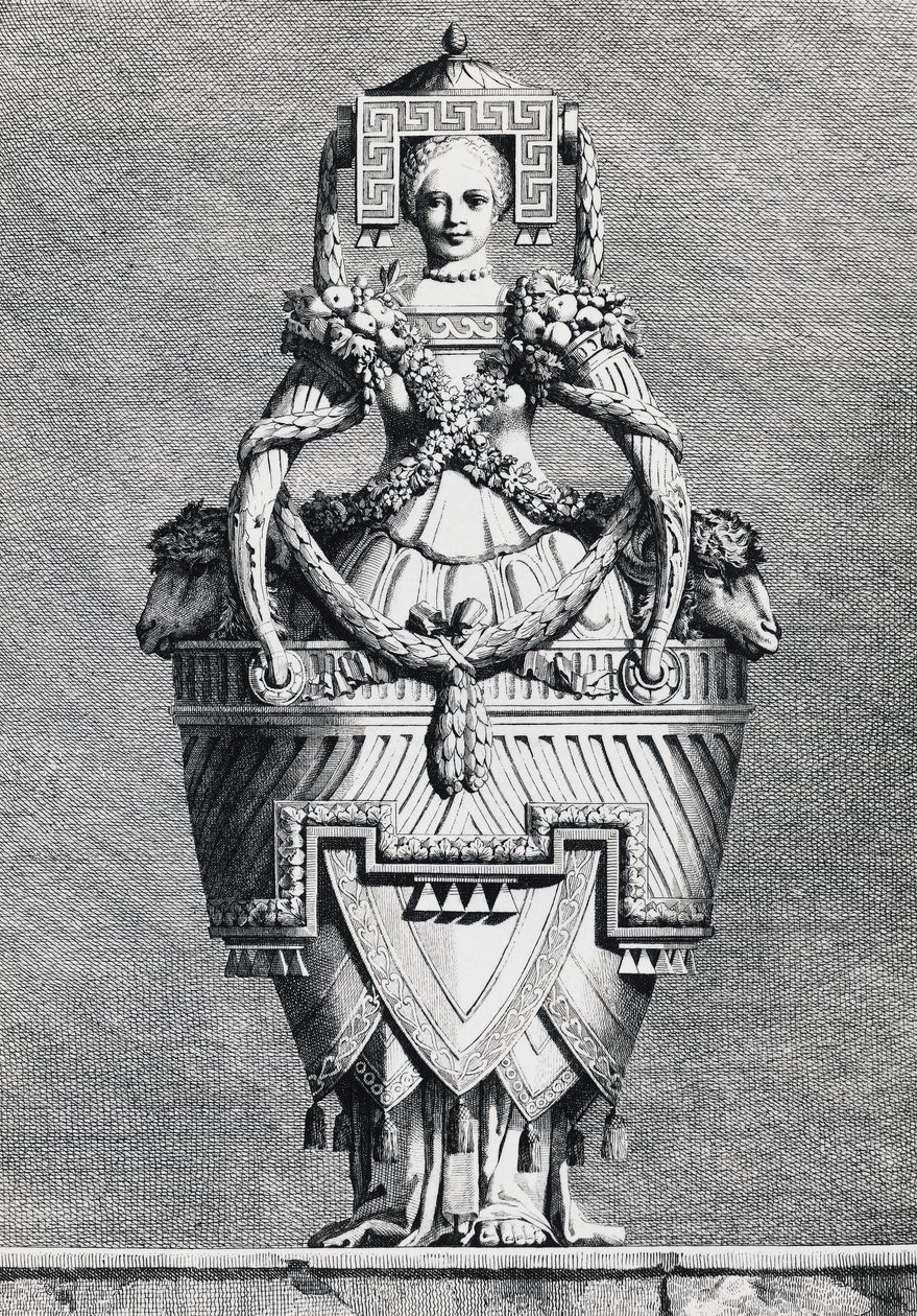 Vaso antropomorfo, sposa greca, incisione da Mascarade la Grecque, Suite des Vases e Cheminees da Ennemond Alexandre (after) Petitot