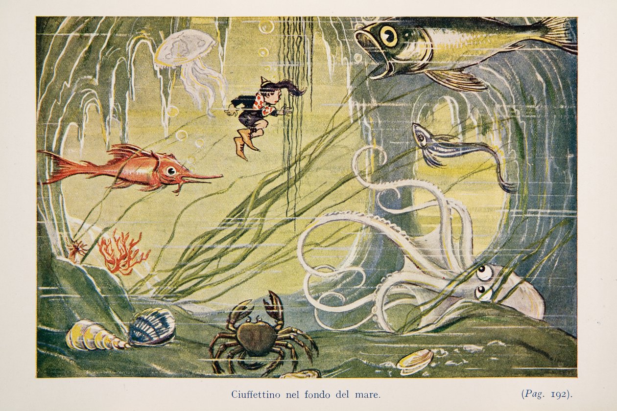 Ciuffettino sul fondo del mare, illustrazione da Le Avventure di Ciuffettino da Enrico de Conti Novelli
