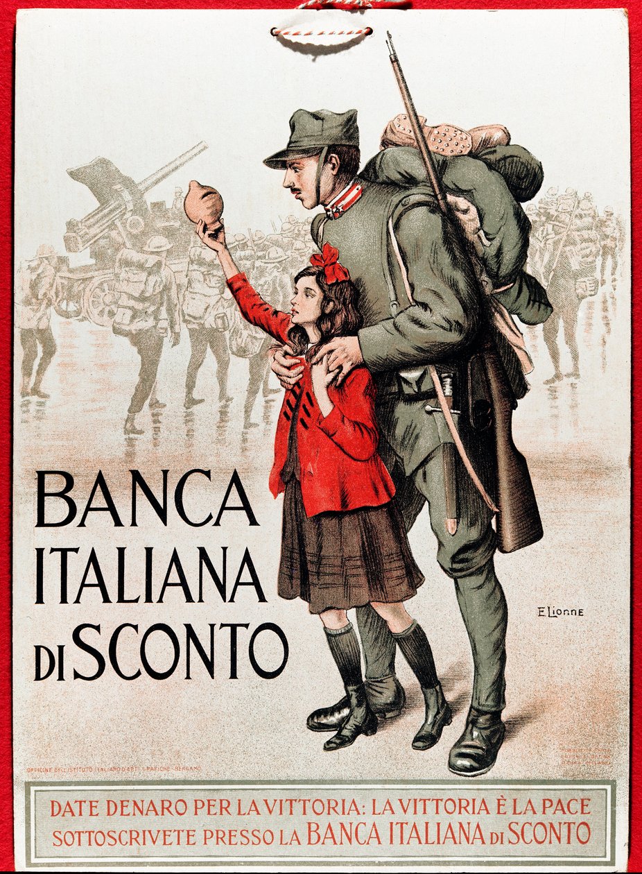 Prima Guerra Mondiale: manifesto italiano che incoraggia un prestito nazionale rappresentante un soldato con una bambina che offre la sua lira - Illustrazione di Enrico della Leonessa (1875-1921) da Enrico della Lionne