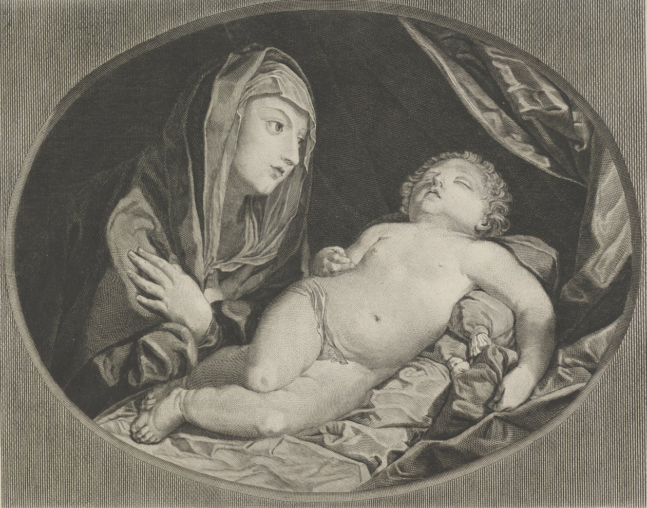 La Vergine con le braccia incrociate sul petto che guarda il bambino Gesù dormiente, 1770-1834 da Ephraim Gottlieb Krüger