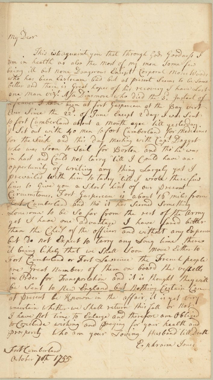 Lettera a Allice Jones, Concord, Massachusetts, 7 ottobre 1755 da Ephraim Jones