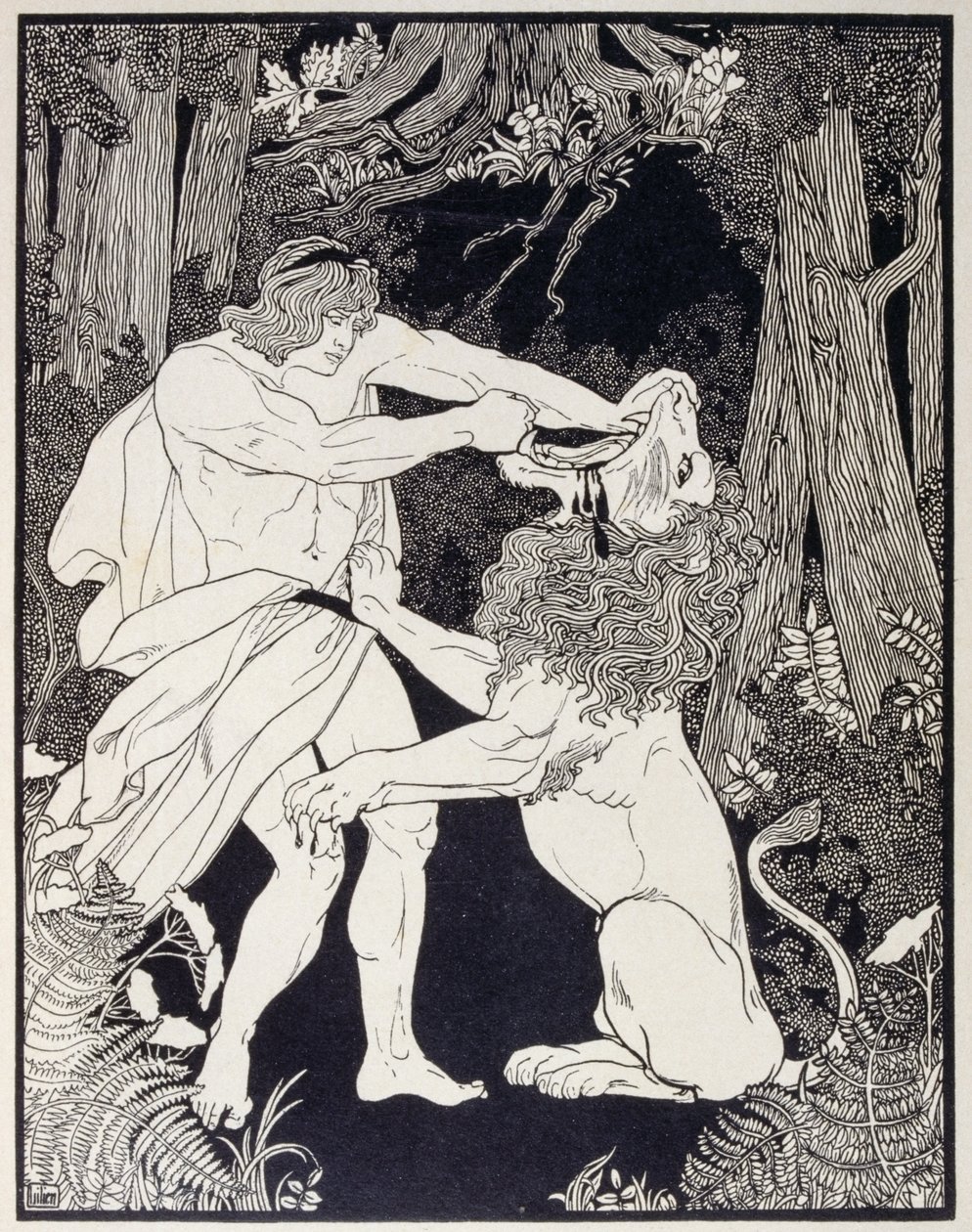Disegno di Sansone che combatte un leone (incisione) da Ephraim Moses Lilien