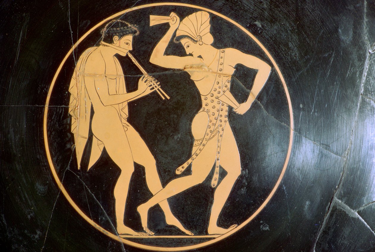Pittura vascolare di un giovane che suona il flauto e una donna che danza, VI secolo a.C. da Epikektos