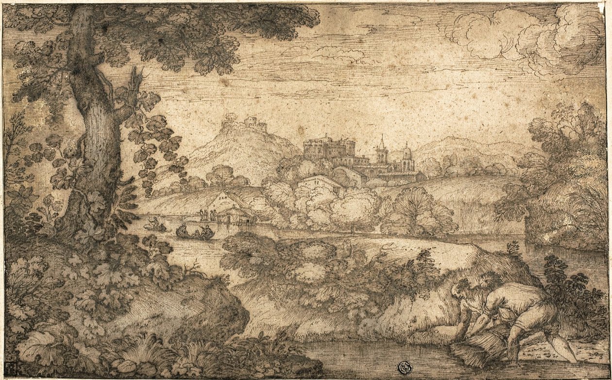 Paesaggio con figure che legano il grano in primo piano da Ercole Bazicaluva