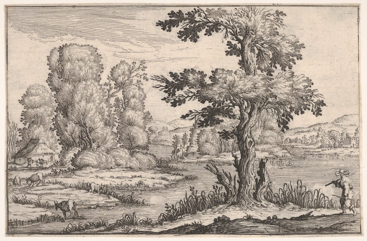 Paesaggio con capre che pascolano vicino a un fiume e una figura in primo piano a destra, 1638 da Ercole Bazicaluva