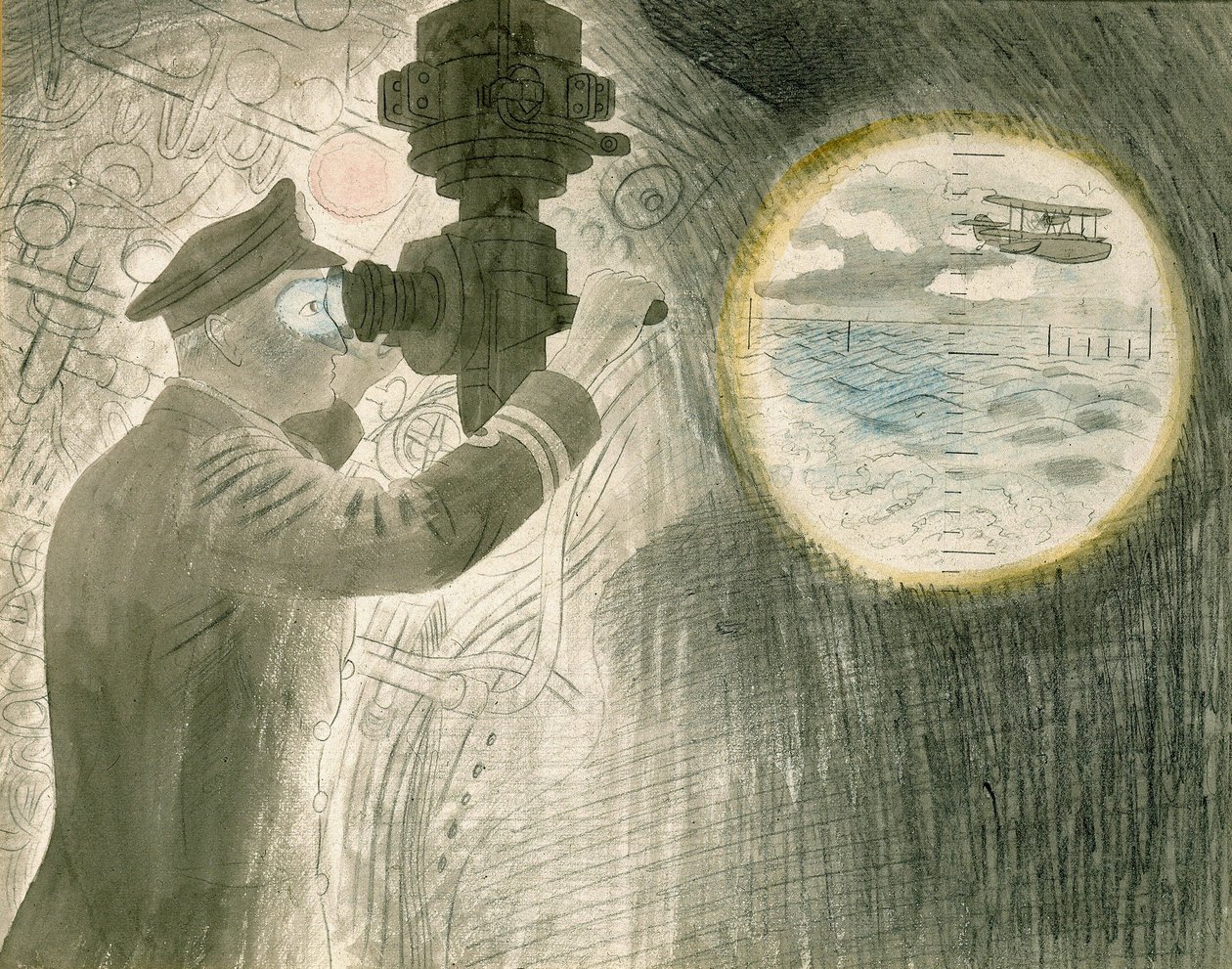 Un ufficiale di sottomarino che guarda attraverso il periscopio da Eric Ravilious