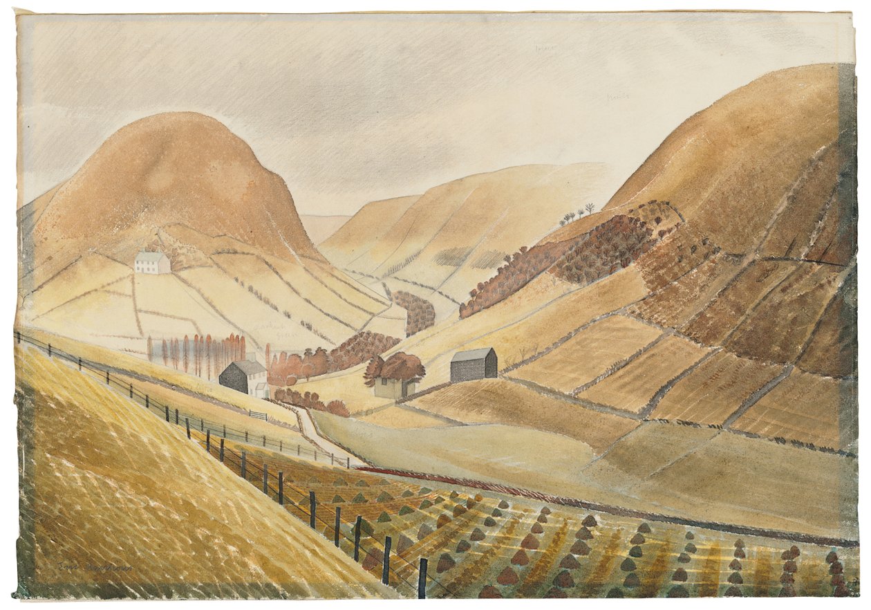 Covoni di grano e fattorie - Hill Farm, Capel-y-ffin, Galles da Eric Ravilious
