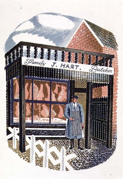 La macelleria, stampato dalla Curwen Press, da High Street, di J.M. Richards, pubblicato da Country Life, 1938 (serie di 24) da Eric Ravilious