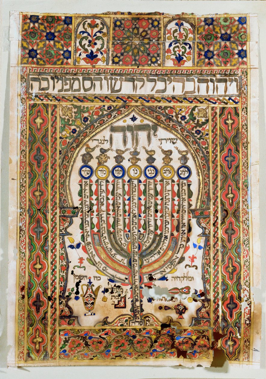 Shiviti, una targa decorativa posta sulla parete orientale di una sinagoga, per indicare la direzione della preghiera verso Gerusalemme (acquerello, foglia d