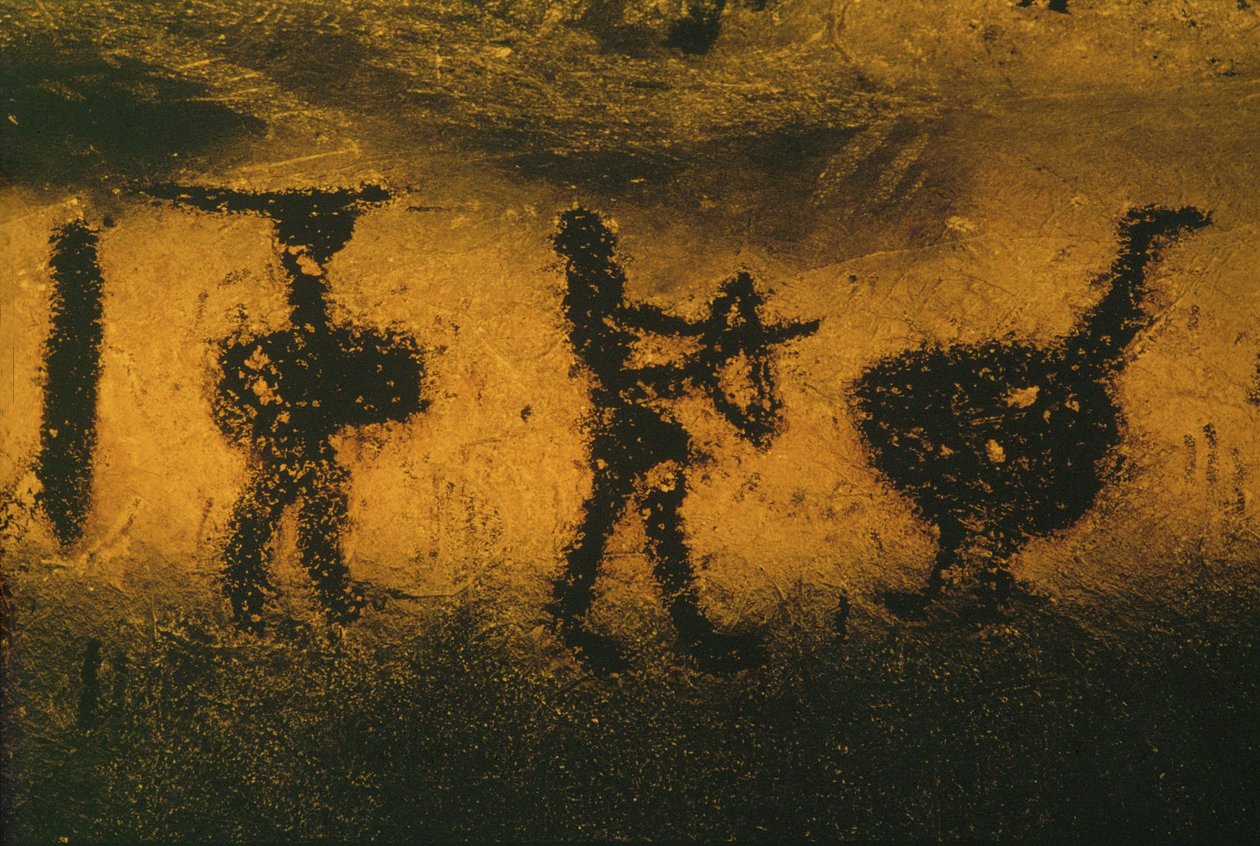 Guerriero, arciere e un uccello simile a uno struzzo, dipinto con escrementi di pipistrello da Erich Lessing